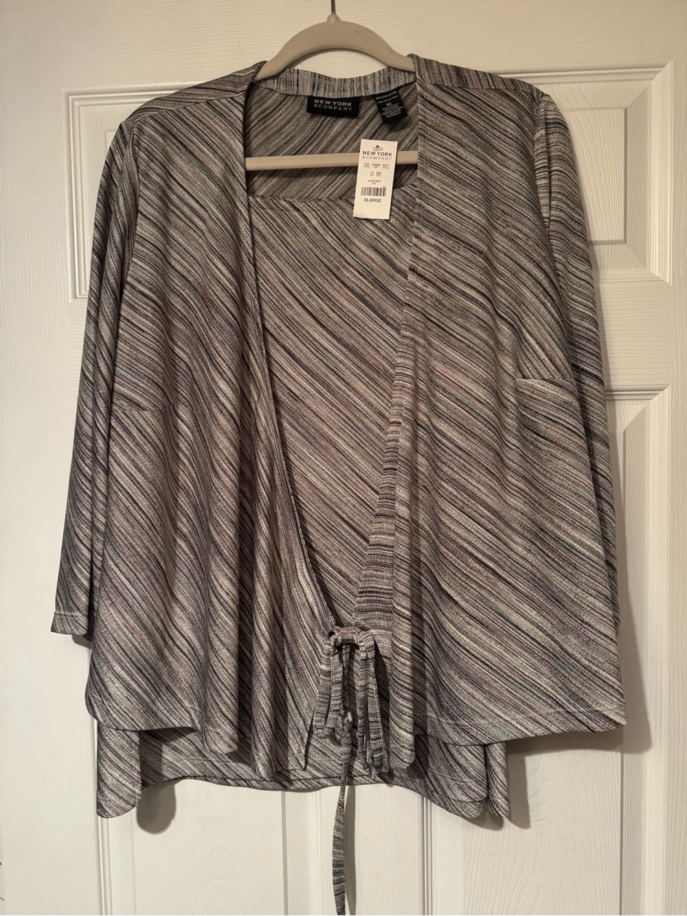 New York & Company Sz XL top/Lg Skirt Silver Gray Multi-Stripe Open Cardigan Set